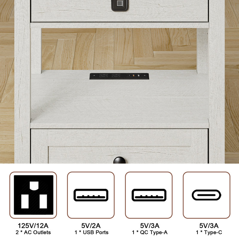 Ariyana End Table With Drawers And Built-In Outlets, White
