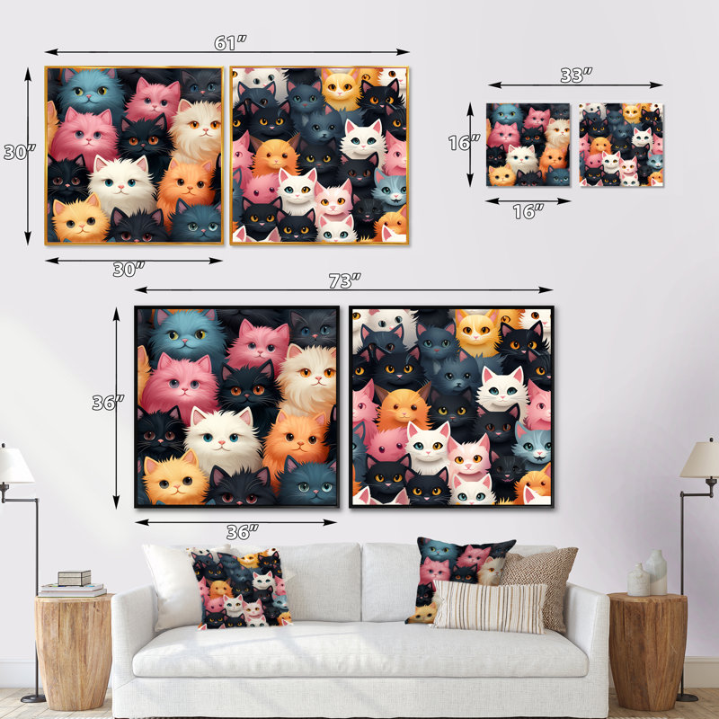 Motif de chat pour chambre de bébé - animaux, ensemble de 2 collages carrés, Cadre flottant doré, H 30 po x l 61 po