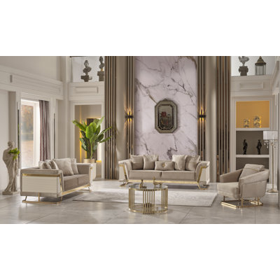 Tedmann 3-Piece Living Room Set – Beige Sofa, Loveseat, and Chair with Gold Accents
