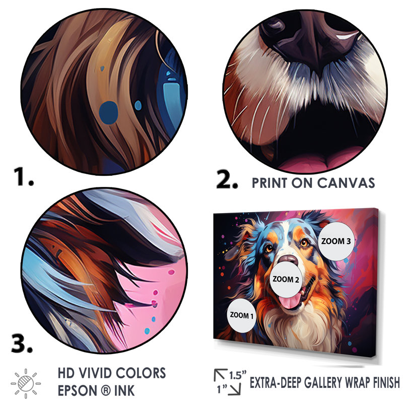 Chien, berger australien, Allure III, sur toile, Cadre flottant blanc, H 12 po x l 20 po x P 1 po
