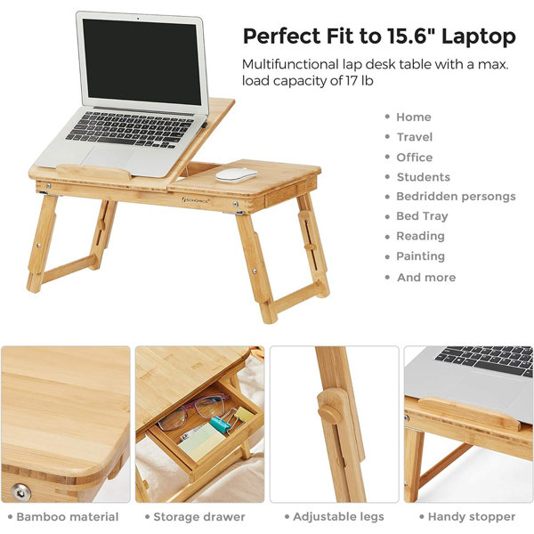 Laptop Desk Table Adjustable Bamboo Foldable Breakfast Serving Bed Tray  with Tilting Top Drawer, Bed Trays for Eating Breakfast