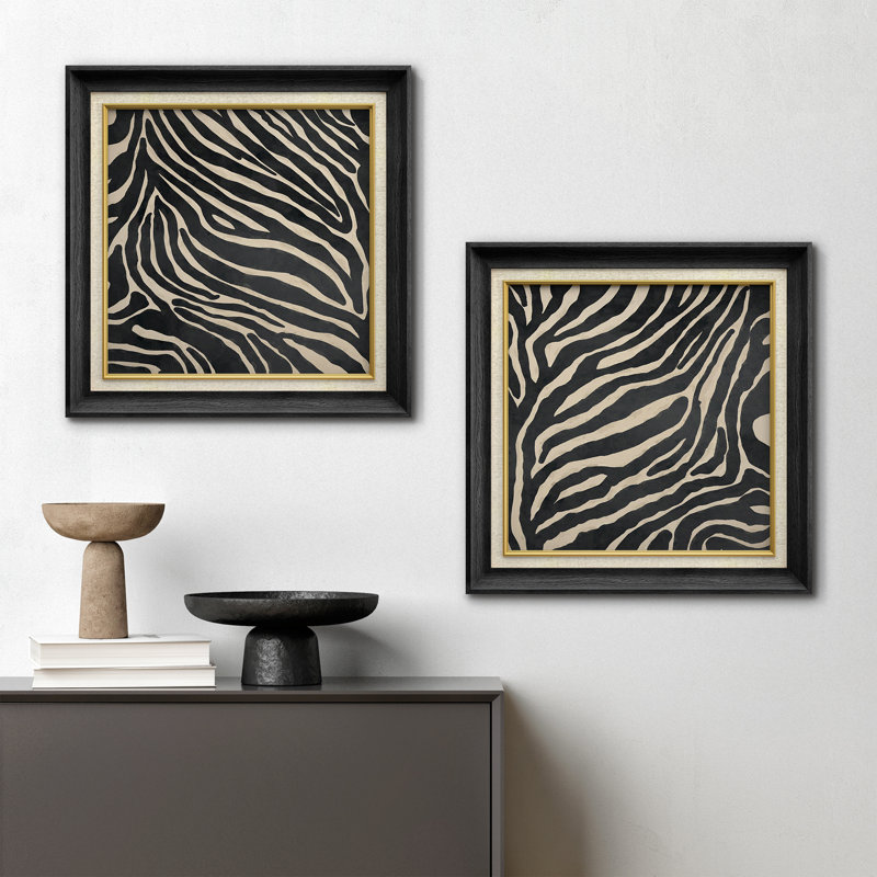 Reproduction d'art moderne à motif zébré moderne noir et beige, H 26 po x l 26 po x P 1,5 po, Cadre de galerie noir