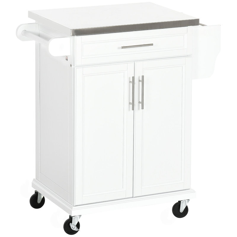 Kitchen Island On Wheels, Rolling Kitchen Cart With Stainless Steel Countertop, Drawer, Towel Rack And Spice Rack, Utility Storage Trolley