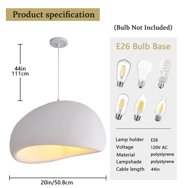 Jimyah 1- Light White Polyesters Unique/Statement Modern Pendant, 60" H x 19.68" W x 14.56" D