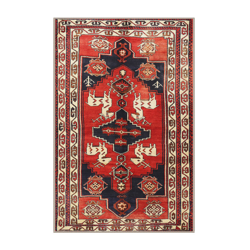 Tapis traditionnel rouge / noir / beige, Rectangle 4 pi x 6 pi