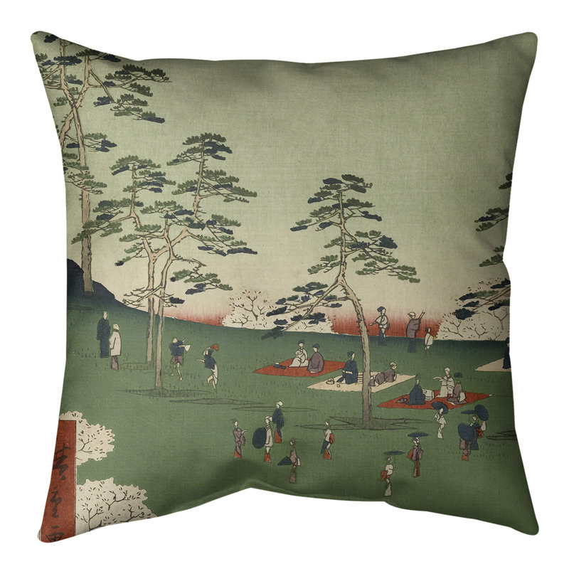 Utagawa Hiroshige Floral Reversible Throw Pillow, 14" x 14", Green, Cotton Twill