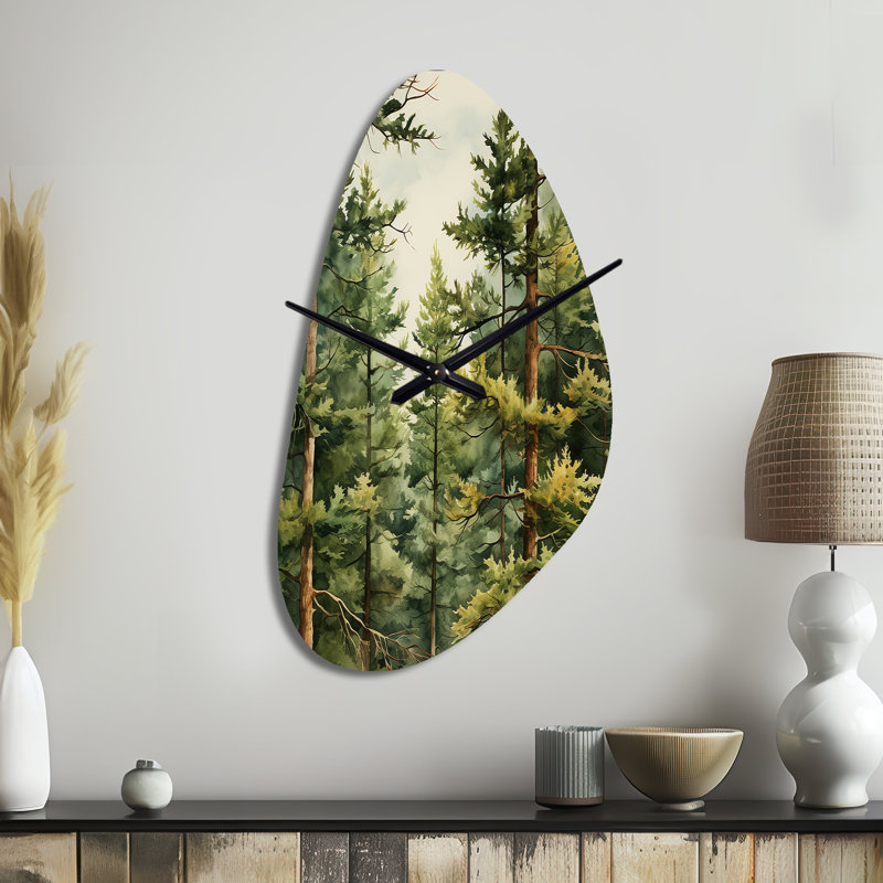 Pine Tree Symphony II - Irregular Shape Pine Metal Wall Clock, Green Wall Clock Print, Large