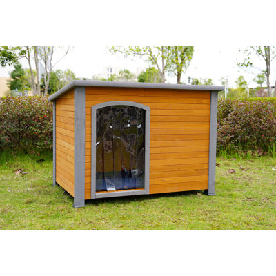 Warm Dog House 45" - Made Of Solid Wood, With Waterproof Curtain And Mat For Winter Wood Plastic Curtain,
