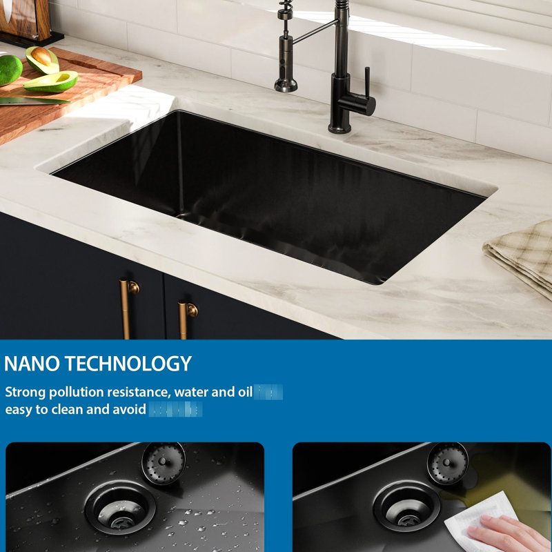 30"X18"X10" Stainless Steel Gunmetal Black Basin - 16Gauge, Single Bowl With Construction And Soundproof Pad Durability Drain Assembly