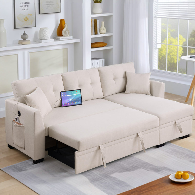 Canapé-lit convertible 81,5 po avec canapé-lit escamotable | Méridienne réversible | Ports USB | Poches latérales, canapé modulaire rembourré en forme de L pour le salon, beige