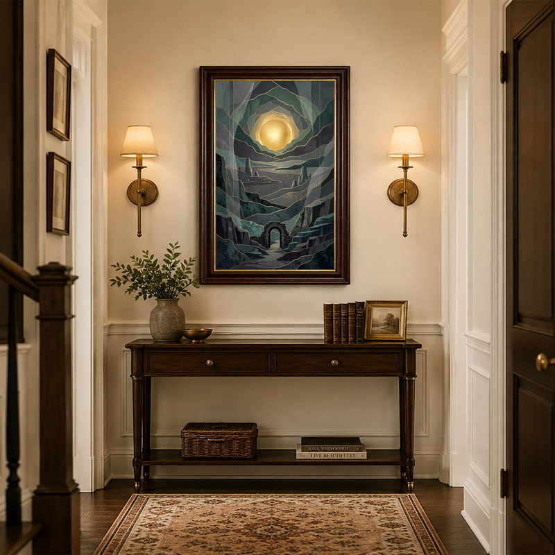 «Stone Archway Under Golden Orb In Layered Teal Landscape», art mural sur toile, 18"H x 12"W