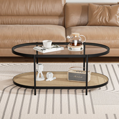 Glass Top Coffee Table with Woven Metal Shelf