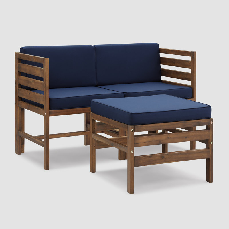 Acacia Patio Sofa with Cushions and Ottoman, Dark Brown, Navy Blue