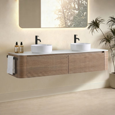 Meuble-lavabo de salle de bain avec lavabo, armoire murale en chêne miel avec porte-serviettes gratuit, conception de lavabos, sans bonde et robinet, pré-assemblé