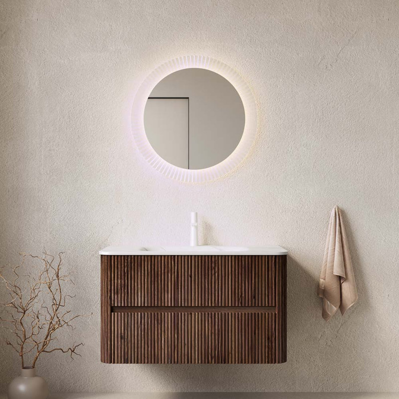 Meuble-lavabo 36 po, armoire de rangement en contreplaqué à rayures flottantes avec 2 tiroirs, lavabo rectangulaire intégré en pierre frittée blanc de Carrare, pré-assemblé, couleur bois de noyer rétro