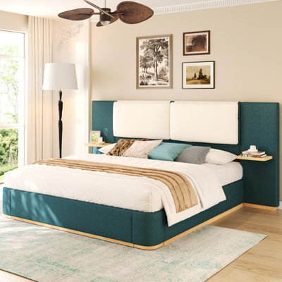 Queen Size Platform Bed With Side Panels, Rounded Corners To Avoid Accidents, Luxurious Fabric Wrapped, Soft Leather Cushions, No Box Spring Needed Upholstered Bed, Integrated Shelves For