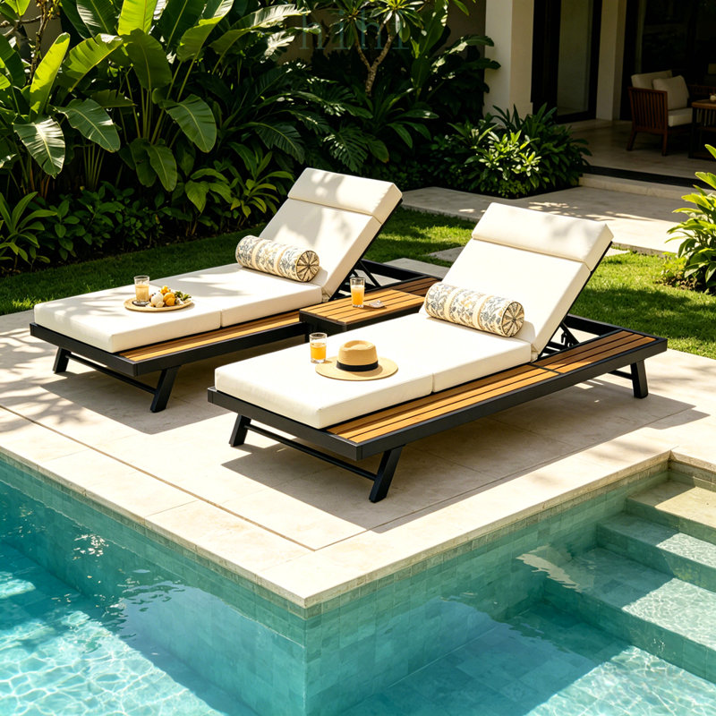 Ensemble de chaise longue d'extérieur en fer noir et teck avec coussin beige, capacité de 400 lb, coussin 4 fois résistant à l'eau, dossier réglable et surface de rangement plane pour patio