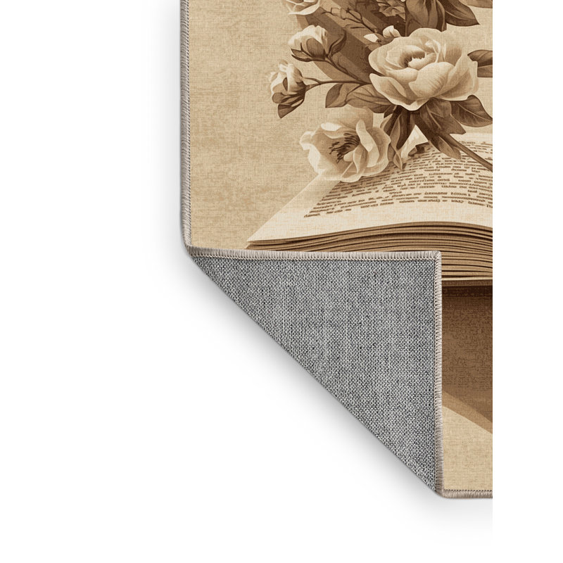 Tapis beige classique à motif de livres ouverts lavable à la machine Parnika, 2x3