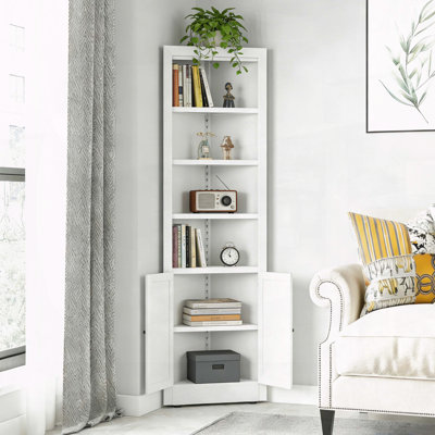 Armoire de rangement de 71 po de hauteur avec 2 portes, armoire en métal à 5 niveaux avec tablettes réglables, rangement de cuisine autoportant pour garde-manger, salon, salle de bain, salle de lavage, meubles peu encombrants, blanc