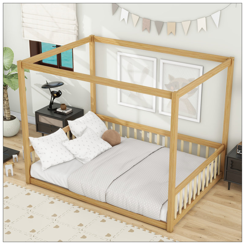 Lit en bois d'hévéa avec clôture Canopy, Naturel