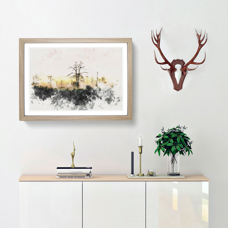 Fog over Woodland - Picture Frame Painting Print, 62cm H x 87cm W x 2cm D, Oak Framed