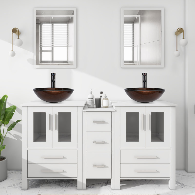 60” Double Vanity Set with  Basin, Manufactured Wood Top, Faucet (Set of 5), Brun, Blanc