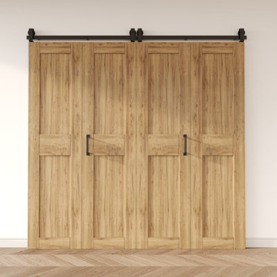 Quincaillerie de porte de grange coulissante bi-pliante pour montage sur le dessus à quatre portes - Rouleau en forme de T (portes non incluses)