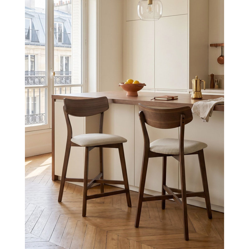 Upholstered Counter Stool with Solid Wood Frame, Beige / Brown