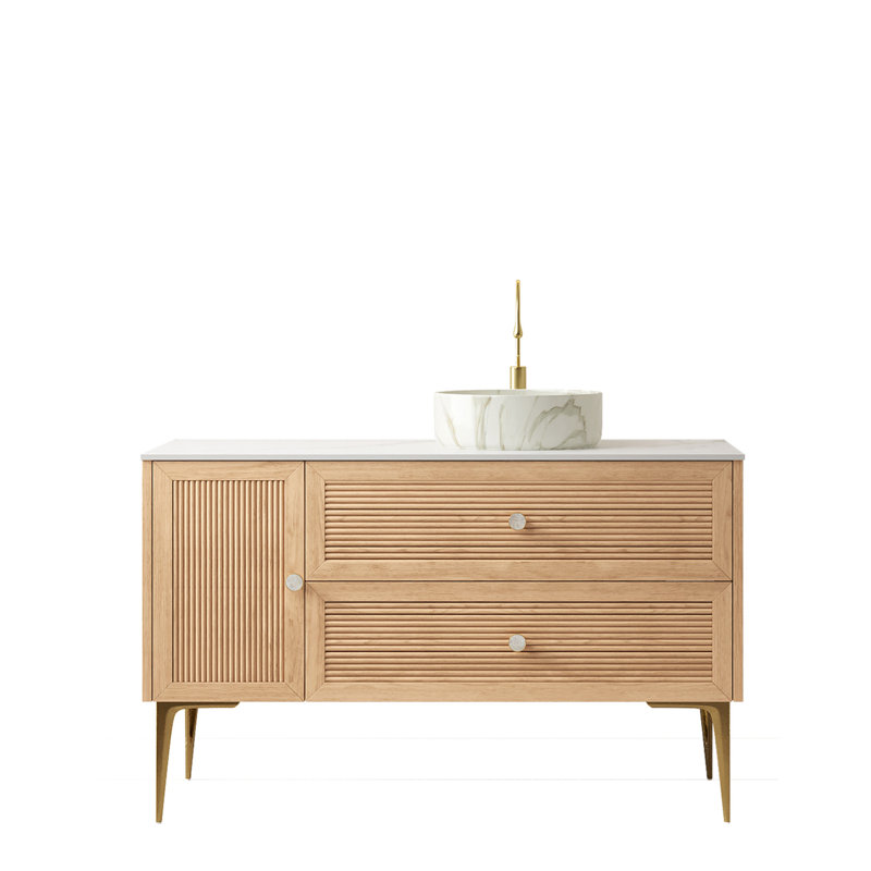 Meuble-lavabo de 48 po de style moderne avec lavabo en céramique blanc, comptoir, armoire en contreplaqué, deux tiroirs et une porte, motif en pierre de conception de bassin en finition chêne, structure, grand rangement, look