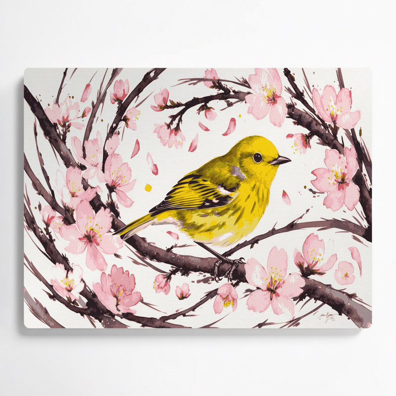 Oiseaux, fauvette jaune, art mural en métal blanc, H 20 po x l 24 po