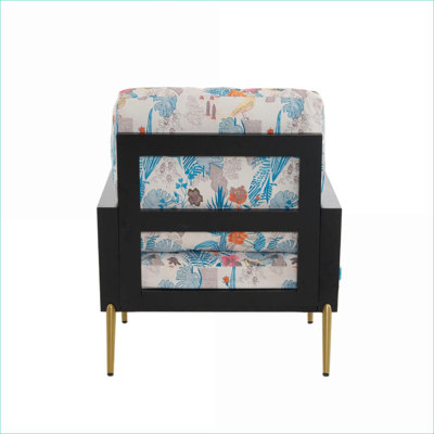 Retro Mid-Century Sky Blue Floral Print Velvet Accent Chair, Gold Metal Legs Rubberwood Frame for Living Room, Balcony, Adults