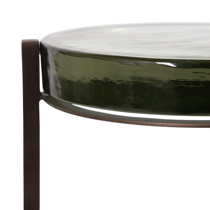 Eveland Round Metal Drink Table, Green Glass, Bronze