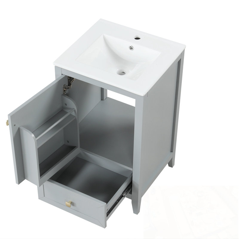 Meuble-lavabo de salle de bain avec lavabo, porte à fermeture douce, support de rangement et tiroir, Gris