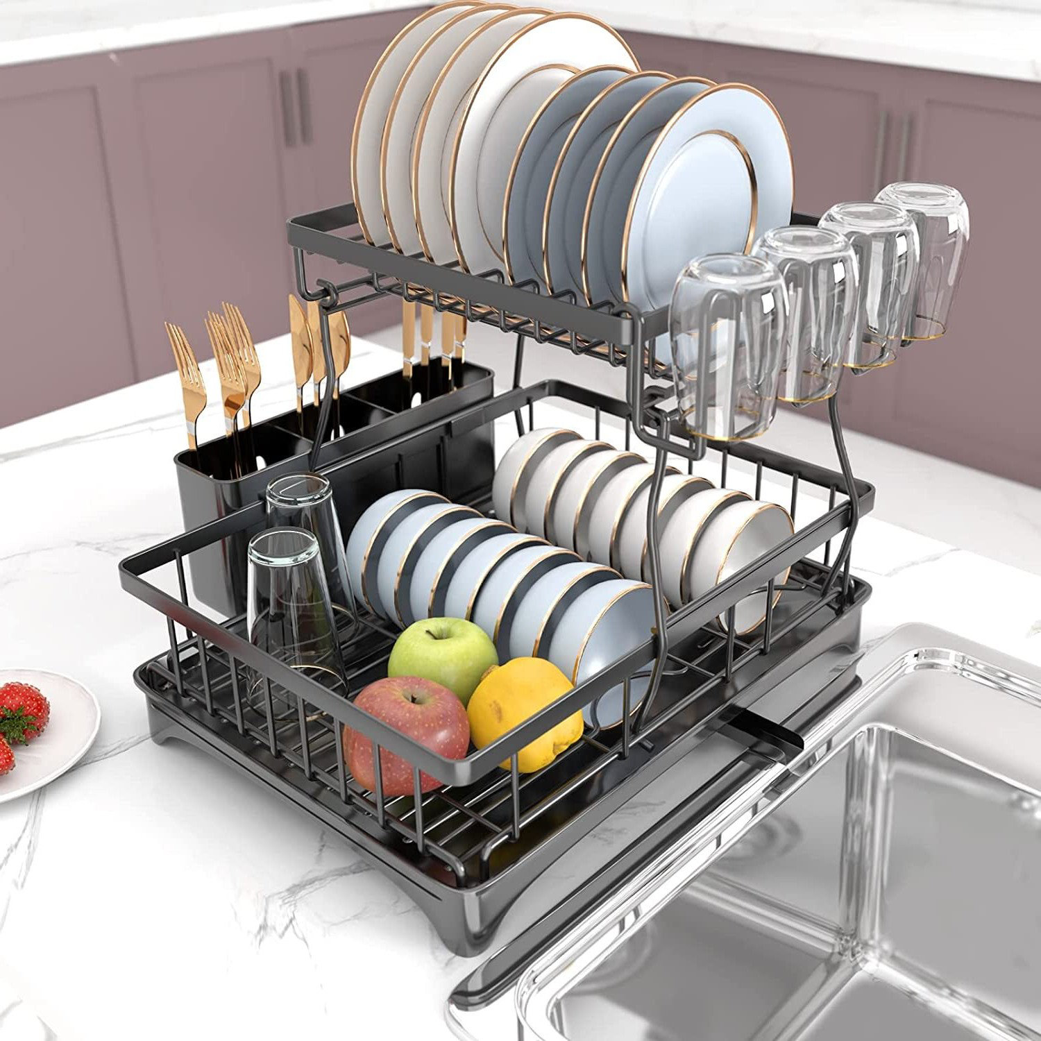 Clayson Double Tier Stainless Steel Dish Rack, with Drainboard Set and Utensil Holder Prep & Savour