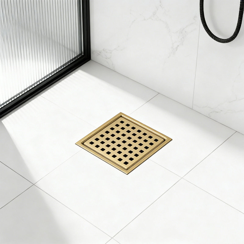 4" Square Shower Drain Chrome, Stainless Steel Shower Floor Drain Kit With ABS Flange, Removable Grid Cover, Brushed Gold