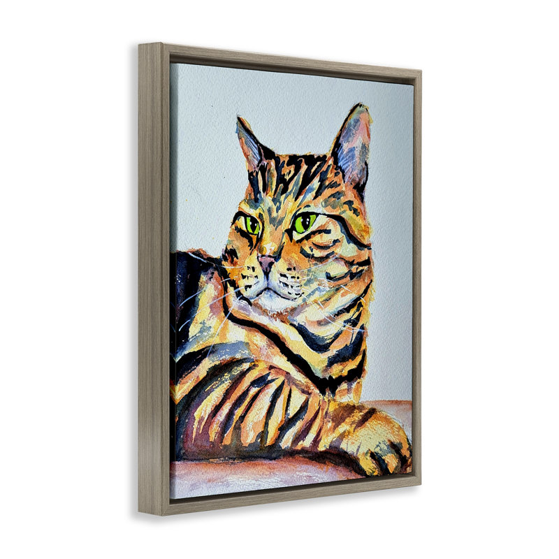 Cadre flottant rayé orange en forme de chat, design par Tatiana Roberts, H 31 po x l 25 po, Cadre flottant orme Montalcino