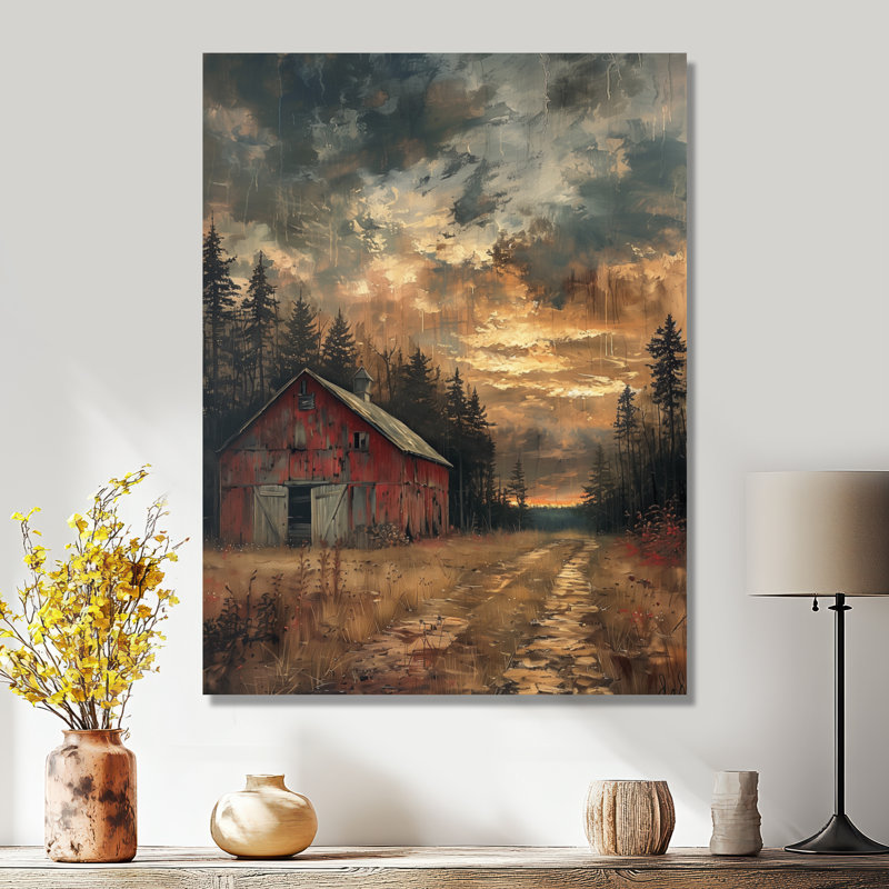 Décoration de grange au trésor gris et rouge d'automne - Grange, Toile tendue, 40" H x 30" W