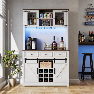 72" Farmhouse Coffee Bar Cabinet with LED Lights & Power Outlets Tall Kitchen Buffet Hutch with 3 Drawers & Wine Glass Rack, Sliding Barn Door, Ample Storage for Home Bar