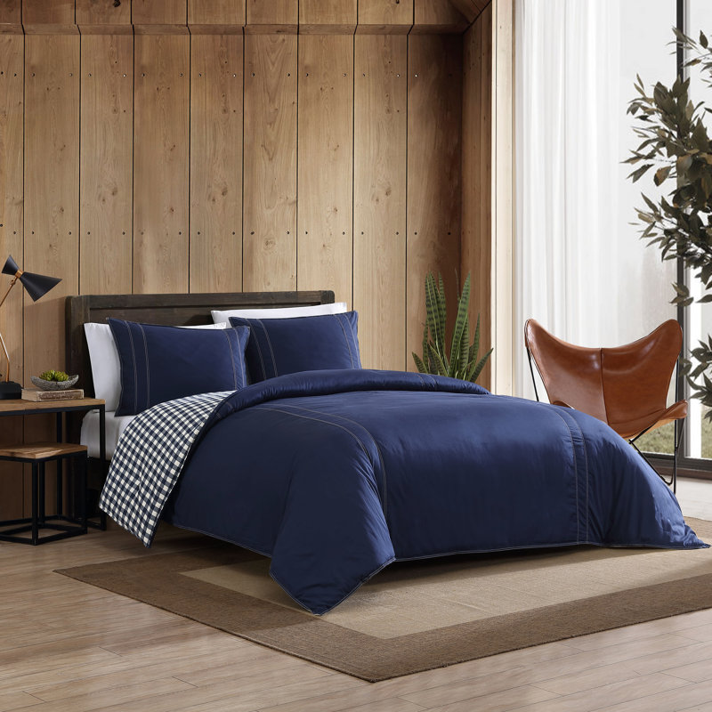 Eddie Bauer Kingston Reversible Duvet Cover Set, Full/Queen Duvet + 2 Shams, Navy