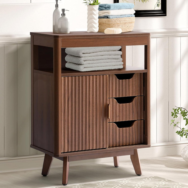 Armoire de rangement cannelée 31 po à 3 tiroirs avec portes coulissantes et tablette réglable, armoire de rangement en bois à profil incurvé