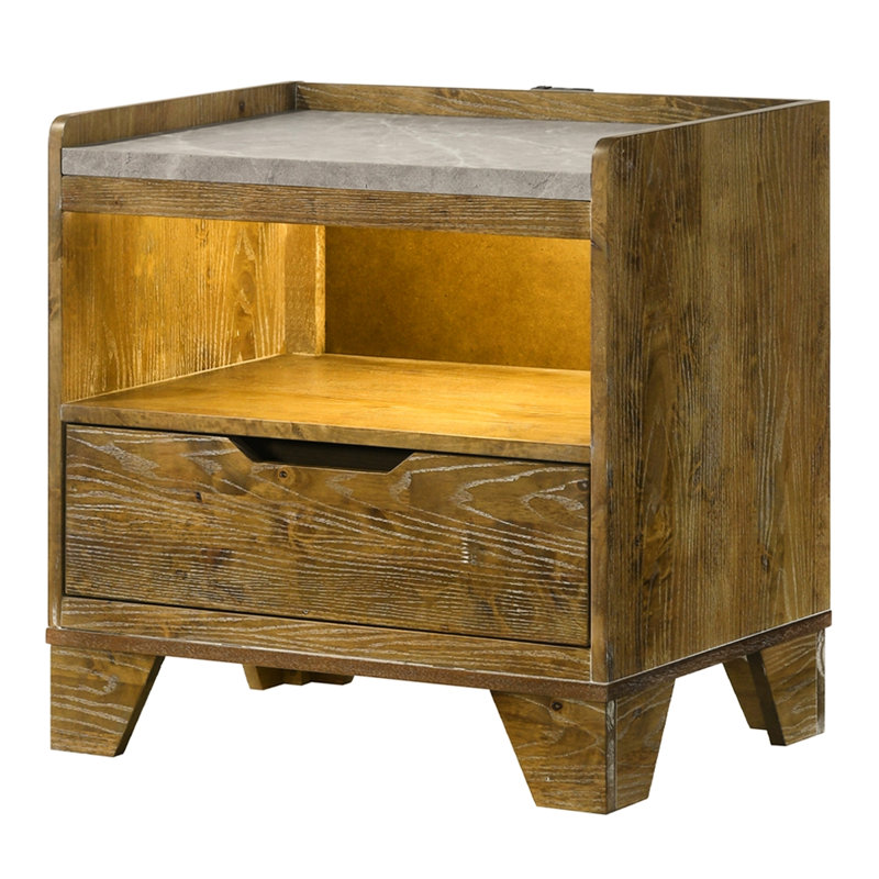 Nightstand In Brown Finish, Led , 1 Drawer, Ports And Open Shelf Transitional Style For Bedroom