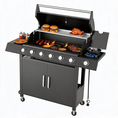 Barbecue au propane à 6 brûleurs avec brûleur latéral et 6 brûleurs, barbecue en acier inoxydable de 60 000 BTU avec roues