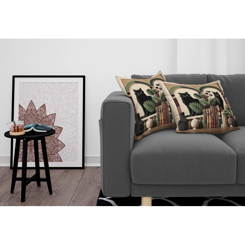 Sand Brown Maroon Green Cat Print Reversible Microfiber Throw Pillow Covers, Set of 2