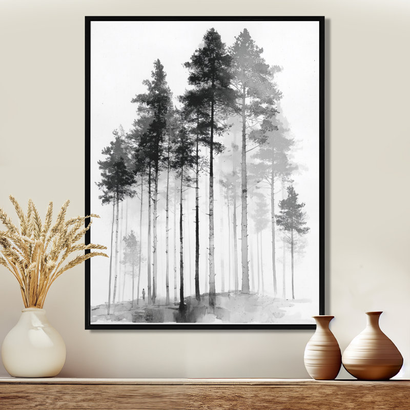 «Black and White Tall Pine Tree Forest», reproduction d'art sur toile Nature, H 44 po x l 34 po, Picture Framed, Noir