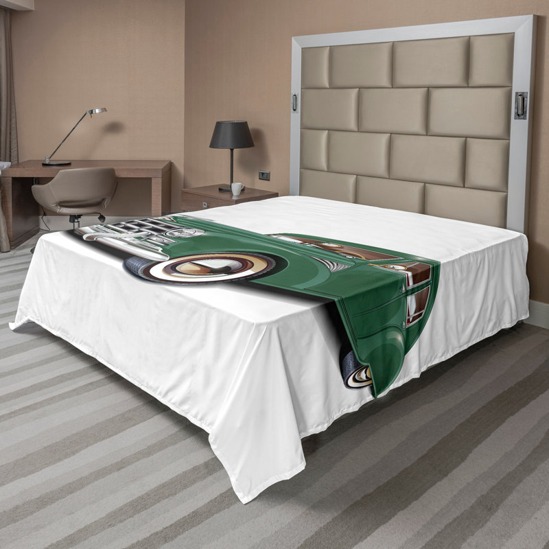 Ambesonne Retro Top Flat Sheet Nostalgic Vintage Car Print Forest Green and White, King Flat Sheet