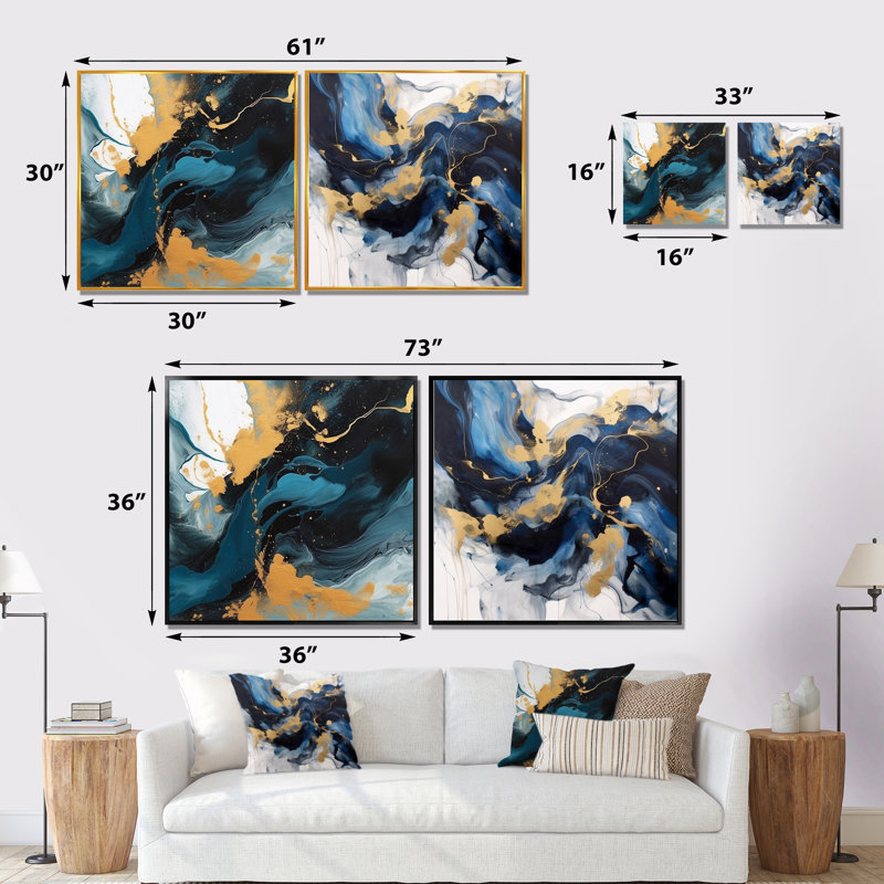 Ensemble de 3 fractales carrées de style fractal bleu foncé et doré, H 16 po x l 33 po, Cadre flottant doré