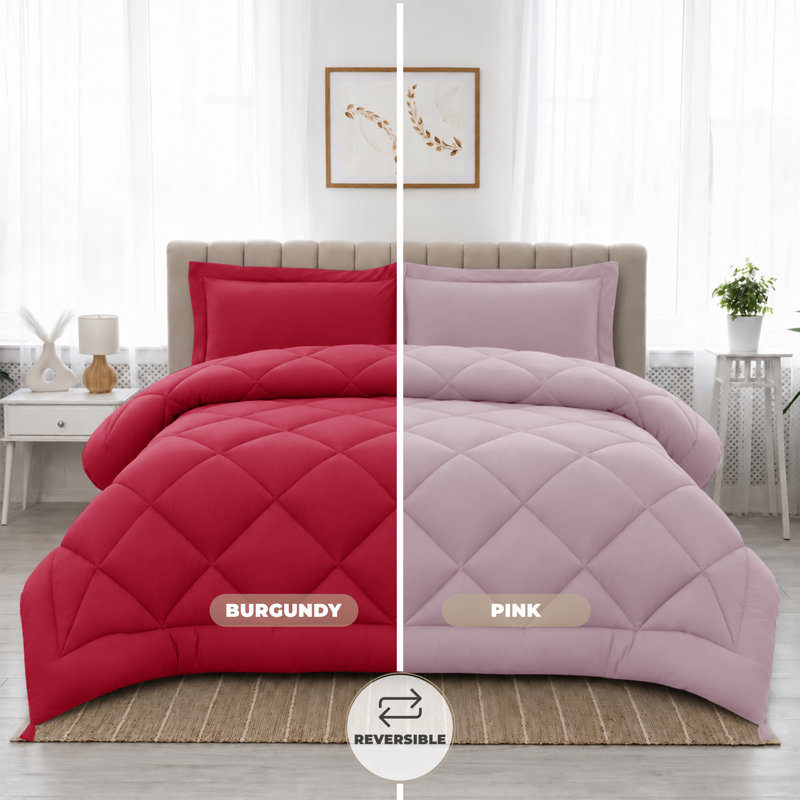 Down Alternative Microfiber Reversible Comforter Set - 3 Pcs All Season Diamond Pattern Comforter with Shams, Twin, Burgundy