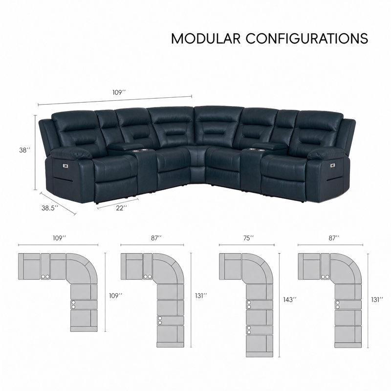 Canapé modulaire inclinable électrique en forme de L 109 po avec consoles de rangement USB et USB-C en forme de L