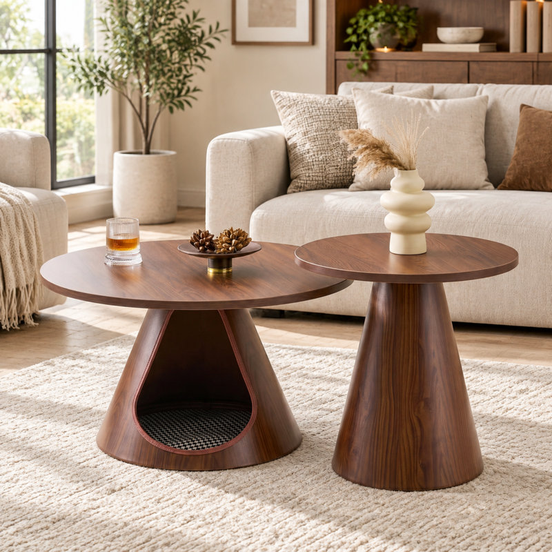 Ensemble de tables basses rondes gigognes avec table de bout et lit-grotte pour chat