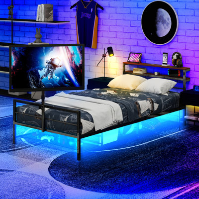 Twin Size Gaming Bed Frame ,Twin Size Tv Bed Frame With A 360° Rotating Tv Mount Suitable For 65 Inch Tvs, Metal Bed Frame With Led Light , Charging Station and Open Storage